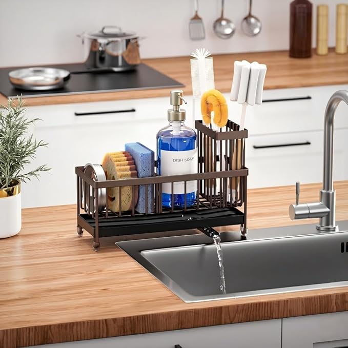 Cisily Brown Sponge Holder for Kitchen Sink, Sink Caddy Organizer with High Brush Holder, Kitchen Countertop Organizers and Storage Essentials, Rustproof 304 Stainless Steel, Soap Dispenser Organize