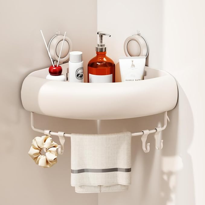 CICUFY Shower Caddy Suction Cup, 1 Pack No Drilling Corner Shower Shelves, Rust Proof Bathroom Storage Organizer, Shower Corner Caddy with Removable Hooks and Towel Bar, Triangle, Cream