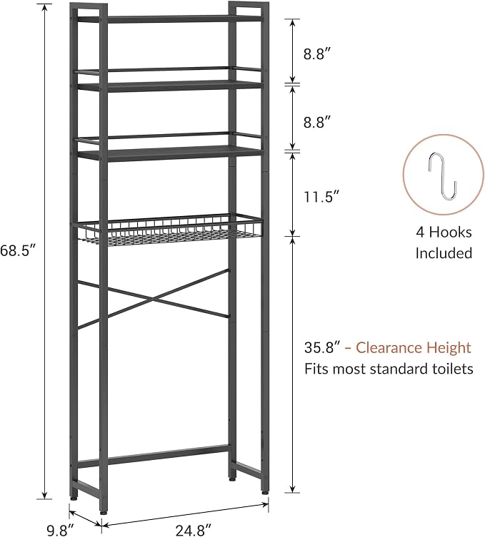 Over The Toilet Storage Shelf, 4-Tier Bathroom Organizer with Basket & Hooks, Sturdy Space Saver for Small Bathrooms, Black