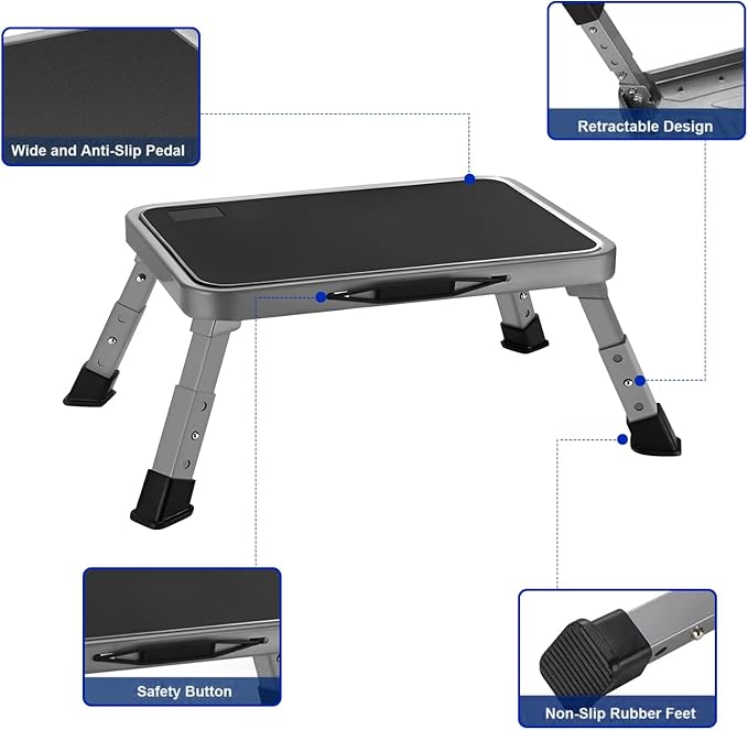 RV Step Stool Foldable 1-Step Ladder Sturdy Metal Stable Step Stool with a Non-Slip Platform Supports up to 500 lb with Non-Slip Rubber Feet, Easy to Carry (3-Level)
