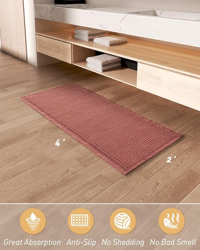 AMOAMI Upgraded Waffle Runner Rug Super Absorbent Non Slip Bath Mats for Bathroom Machine Washable Bathroom Runner Rug with Tassels, Ideal for Hallway Bedroom Laundry Room, Coral, 2'x 4'(24" x 48")