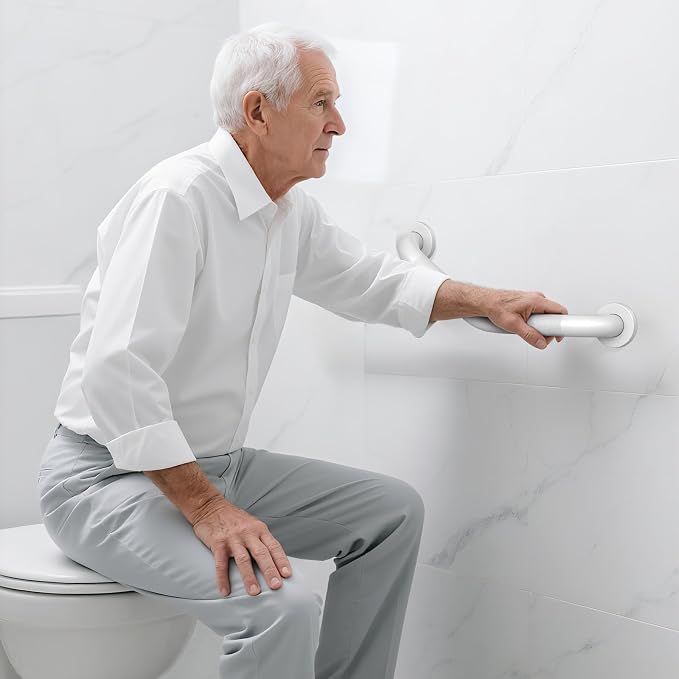 16 Inch Angled Shower Grab Bar White, Munzong 2 Pack Anti Slip Bathroom Grab Bar, Knurled Bathroom Balance Bar,Safety Hand Rail Support Handicap Elderly Injury Senior Assist Bath Handle-1.25” Tube