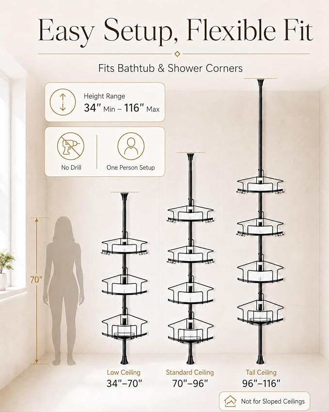 ALLZONE Corner Shower Caddy Tension Pole, 4 Hang-On Basket with Mixed-Height Shelves for Various Bottle Sizes, Extra Hooks & Soap Holder, Rustproof Stainless Steel, Fits 34–116 Inch, Black/White