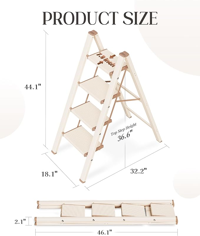 4 Step Ladder, Aluminum Folding Step Stool with Anti-Slip Sturdy and Wide Pedal, Lightweight Portable Stepladder for Home and Kitchen Use Space Saving, 330 lbs, Chocolate White