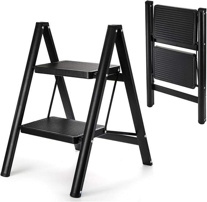 ZAVOOS 2 Step Ladder, Sturdy Folding Step Stool with Wide Anti-Slip Pedal, 330 Lbs Load Capacity Heavy Duty, Lightweight Portable Black Steel Ladder for Household, Kitchen, Office