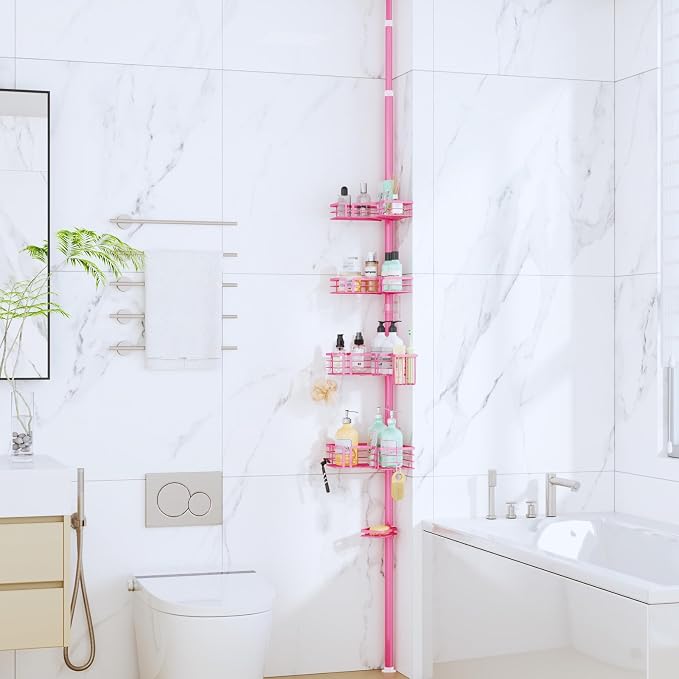 SWTYMIKI Shower Caddy Tension Pole - 4-Tier Corner Shower Organizer Tension Rod with Soap Holder, Toothbrush Holder & 4 Hooks, Adjustable Stainless Steel Bathroom Organizer 27.6 to 108.3 inch, Pink