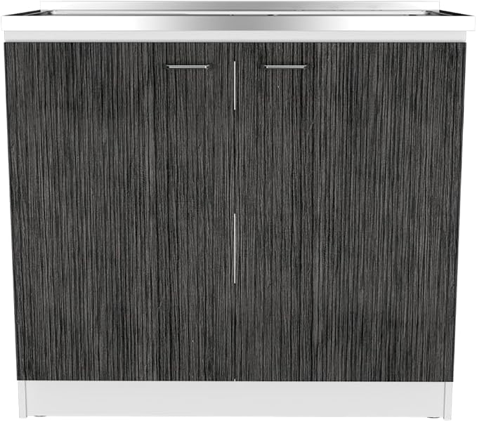 Tuhome Napoles Utility Sink Base Cabinet with Integrated Stainless Steel Countertop, Freestanding Cabinet with Double Doors, Interior Shelf for Laundry Room, Utility Room, Mudroom or Kitchen