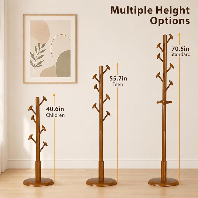 Taitiy Solid Wood Coat Rack Freestanding Coat Tree with 10 Hooks for Bedroom, Livingroom, Entryway, Sturdy Coat Hanger Stand for Hats, Coats, Scarves, Handbags, Purses