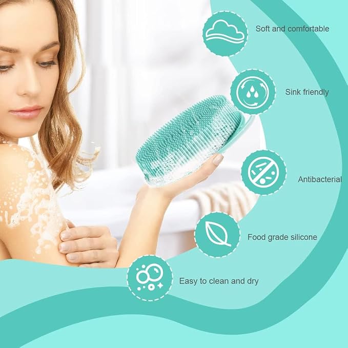 Soft Silicone Body Scrubber 2 PCS Silicone Body Shower, Silicone Loofah 2 in 1 Bath and Shampoo Brush, Body Scrubber Shower Cleaning Exfoliating Use for Sensitive Skin, Lather Well(Black and Green)
