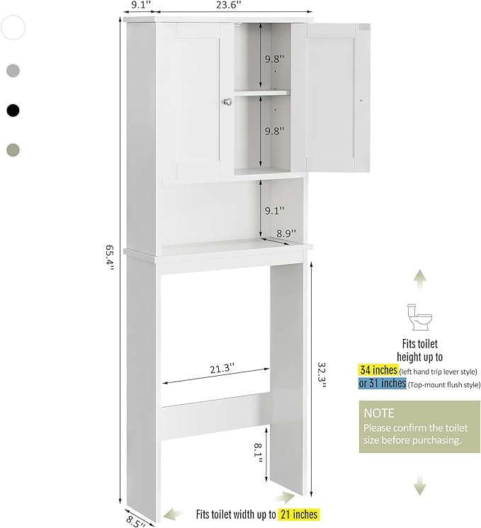 Over the Toilet Storage Cabinet, Bathroom Storage Organizer Over Toilet, Space Saver W/Adjustable Shelf & Open Shelf, White