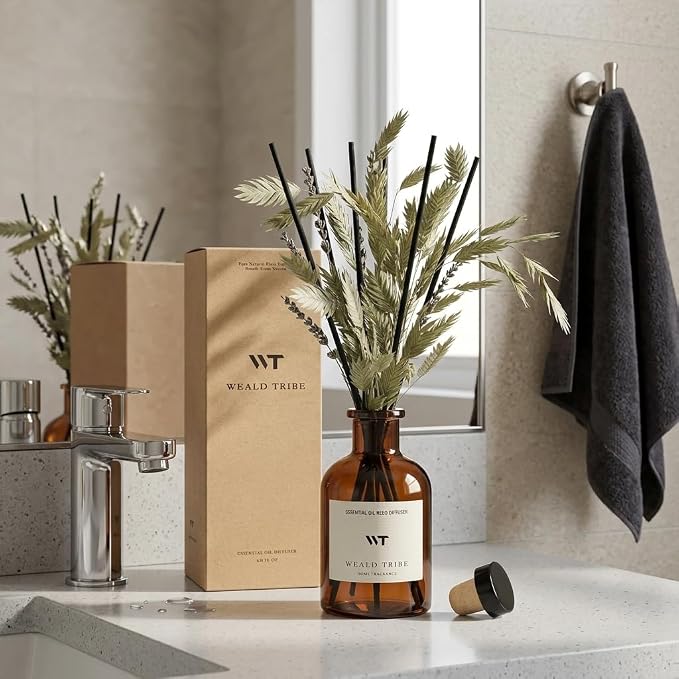 WEALD TRIBE Bamboo Scent Flower Reed Diffuser Set for Bathroom Air Fresheners, Oil Diffuser Sticks | 4.0 fl oz Home Fragrance with Sticks Defusers | House Bedroom Office Shelf Decor