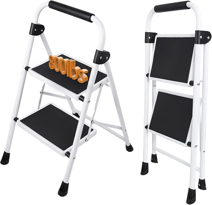 Sweetcrispy 2 Step Ladder, 330lbs Folding Step Stool with Wide Anti-Slip Pedal, Sturdy Ladder, Convenient Handrail, Lightweight, Portable Stepping Stool, Black