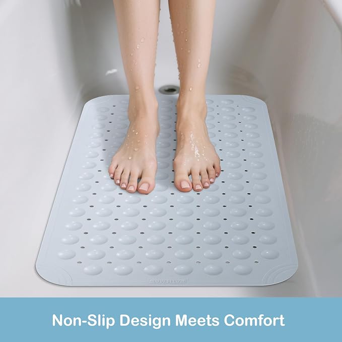 WarmSnow Non Slip Shower Mats for Inside Shower 15 x 27.5 Inch, TPE Bathtub Mat Non-Slip, Bath Mat for Tub with Suction Cups, Drain Holes Bath Tub Mat for Bathroom, Light Gray