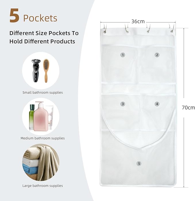 2PCS Mesh Shower Organizer Hanging,Shower Curtain Liner Pockets Hanging with Pockets Quick Dry Cruise RV Camper Bathroom Organizer with Shower Curtain Hooks