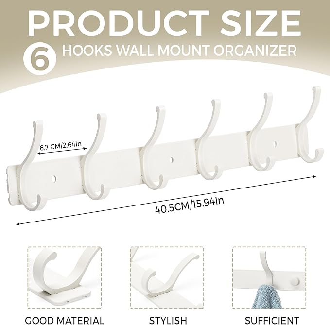 Dntorx Coat Rack Wall Mount, 1 Pack Coat Hooks Hanger Wall Double Hook Rack Rail Towel Hat Rack Entryway Bathroom Hanger Organizer for Robes, Clothes, Bags, Hat(White)