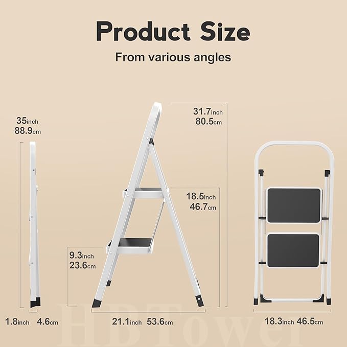 HBTower Step Ladder Folding Step Stool for Adults with Anti-Slip Pedal,330 lbs Capacity for Kitchen, Home,White