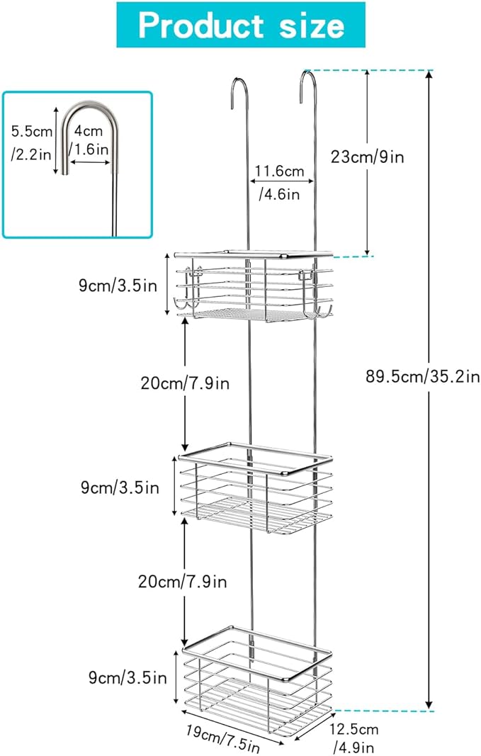 YQH 3-Tier Hanging Shower Rack - Door Organizer with 2 Hooks for Razor, Shower Balls and More (3 Tiers)