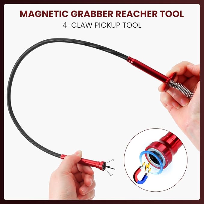 Grabber Reacher Tool, Flexible Magnetic Pickup Tool with 4-Claw Gripper & Spring-Loaded Handle, Pickup for Bathroom, Engine Bay, Kitchen & Sewers (24 inch) (Red Magnetic Pickup Tool)