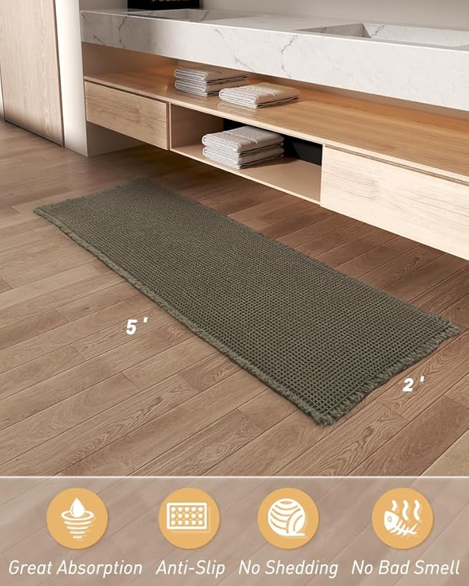 Upgraded Christmas Waffle Runner Rug Super Absorbent Non Slip Bath Mats for Bathroom Floor Washable Bathroom Runner Rug with Tassels, Ideal for Hallway Bedroom Laundry Room, Green, 2' x 5'(24" x 60")
