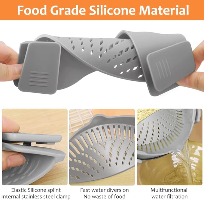 YEVIOR Clip on Strainer for All Pots Pan,Silicone Pasta Strainer Kitchen Gadgets,Collapsible Colander for Noodle,Vegetables,Fruit,Spaghetti (Grey)