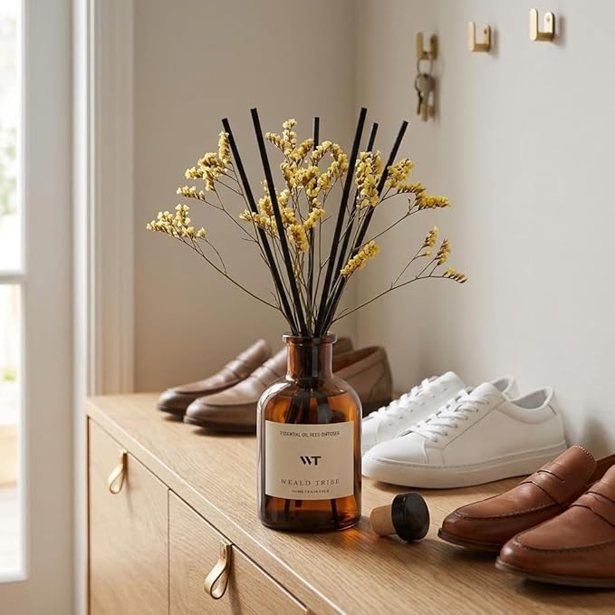 WEALD TRIBE Reed Diffuser Set for Bathroom Air Fresheners, Oil Diffuser Sticks with Flower | Lemongrass Scent 4.0 fl oz Home Fragrance with Sticks Defusers | House Bedroom Office Shelf Decor