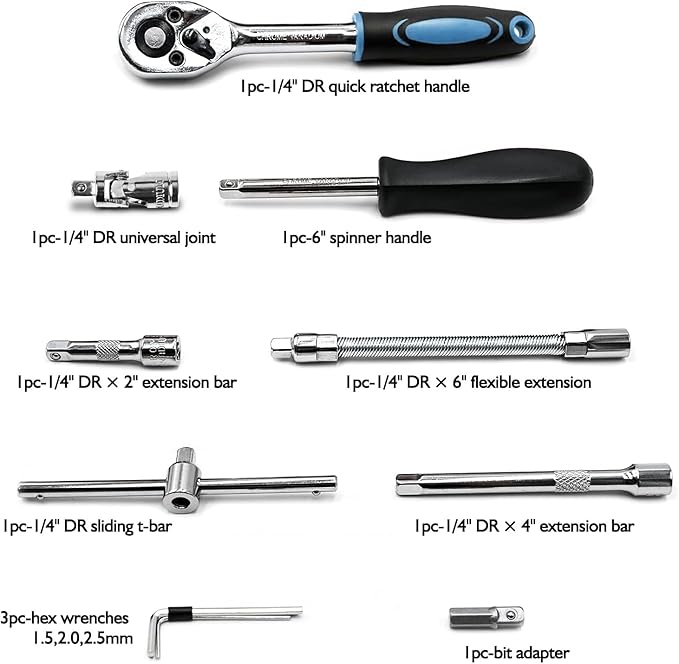Egofine 46 Pieces 1/4 inch Drive Socket Ratchet Wrench Set, with Bit Socket Set Metric and Extension Bar for Auto Repairing and Household, with Blue Storage Case