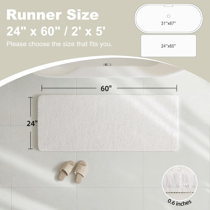 TYUU Bathroom Runner Rug, Ultra Soft Long Bath Mat Machine Washable Super Absorbent Quick Dry Bathroom Runner Rugs 24 x 60 Non Slip, White 24" x 60"