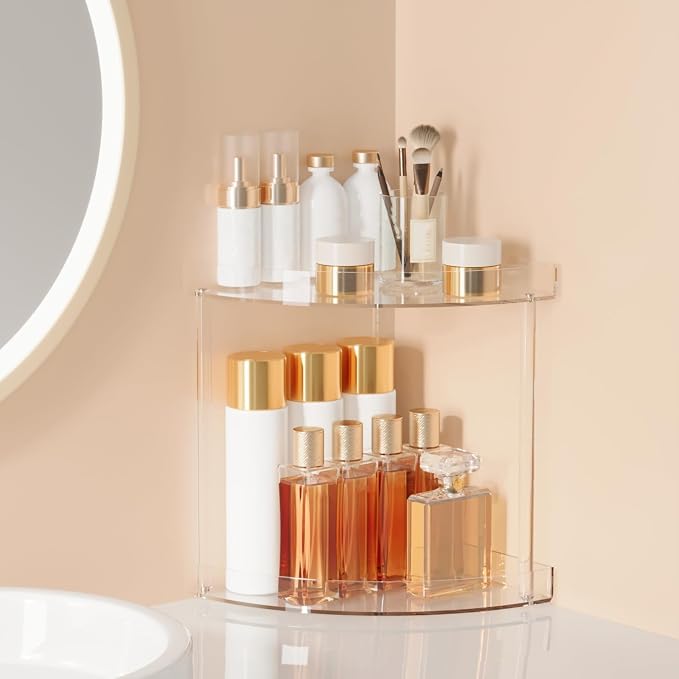 Bathroom Counter Organizer Countertop 2 Tier Storage Acrylic Corner Makeup Organizer for Makeup, Perfume, Vanity, Spice Rack, Bathroom Sink, Coffee Station(Clear)