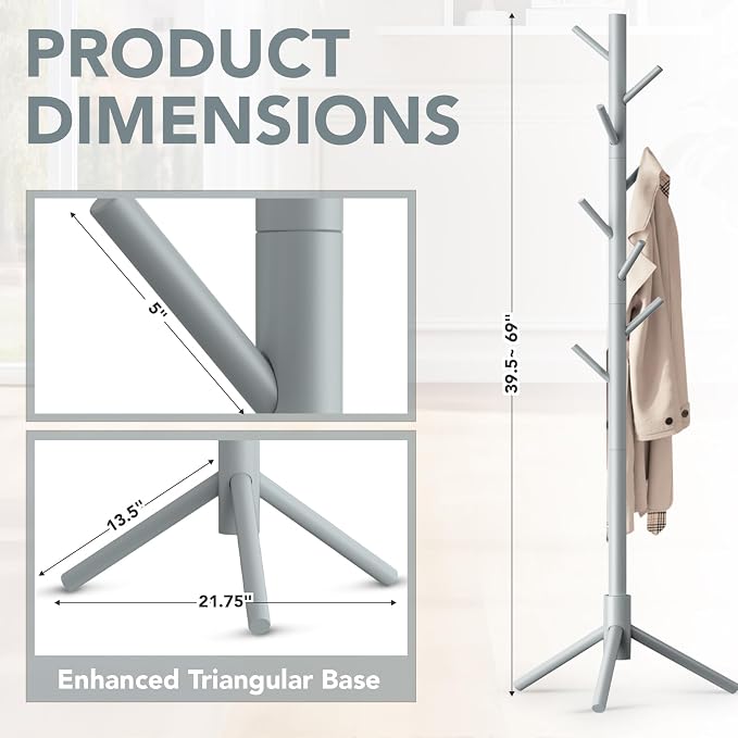 Hupmad Wooden Tree Coat Rack Stand,Sturdy Freestanding Coat Rack with 8 Hooks,3 Adjustable Height for Child Adult,Wood Coat Stand Tree Fits Entryway Bedroom Office for Bags,Hats