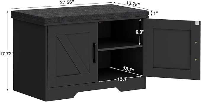 HOMSHO 2-Tier Storage Bench, 27.6" Wide Shoe Bench with Padded Seat Cushion, Entryway Bench with 2 Barn Doors and Adjustable Shelf, Black