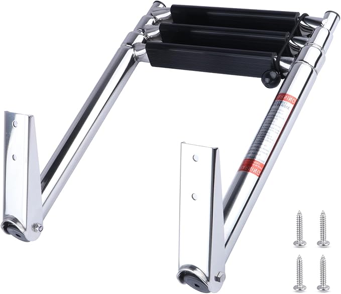 3 Step Boat Ladder, 304 Stainless Steel Telescoping Folding Pontoon Boat Ladder Dock Swim Ladder for Marine Boat Yacht