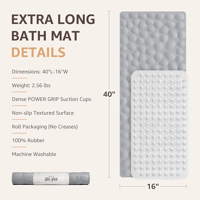 Bligli Bathtub Mat Non Slip, 16x40 inch Extra Long Bath Tub Mat with Strong Suction Cups, Soft Rubber Bathroom Floor Mat, Machine Washable, 100% BPA Free (Grey)