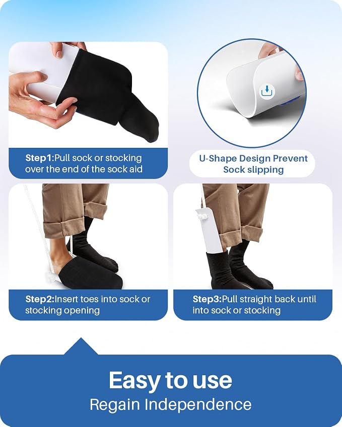 Jellas 4.6 Inch Wide Sock Aid Kit - Long Rope Assist Device for Seniors, Limited Mobility, Post-Surgery | No Bend Sock Helper & Remover | Easy On/Off Socks Tool (White)
