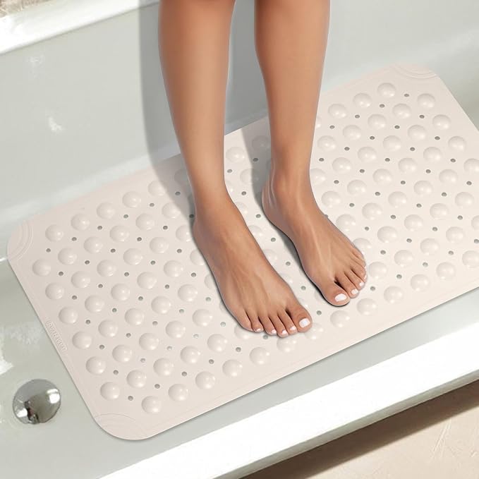 Non Slip Shower Mats for Inside Shower 15 x 27.5 Inch, TPE Bathtub Mat Non-Slip, Bath Mat for Tub with Suction Cups, Drain Holes Bath Tub Mat for Bathroom (Beige)