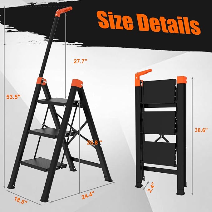 3 Step Ladder with Single Handrail,Retractable Handgrip 3 Folding Step Stool,Lightweight Aluminum Step Ladder 3 Step Folding,600lbs Max Load Capacity for Household,Kitchen,Office