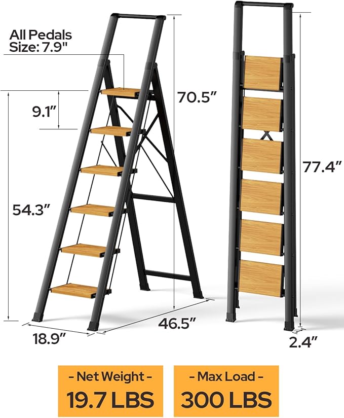 6 Step Ladder for 12 Feet High Ceiling, Lightweight Aluminum Folding Step Stool with Convenient Handgrip, Stepladders with Anti-Slip and Wide Pedal for Home Use Space Saving - Black+Woodgrain