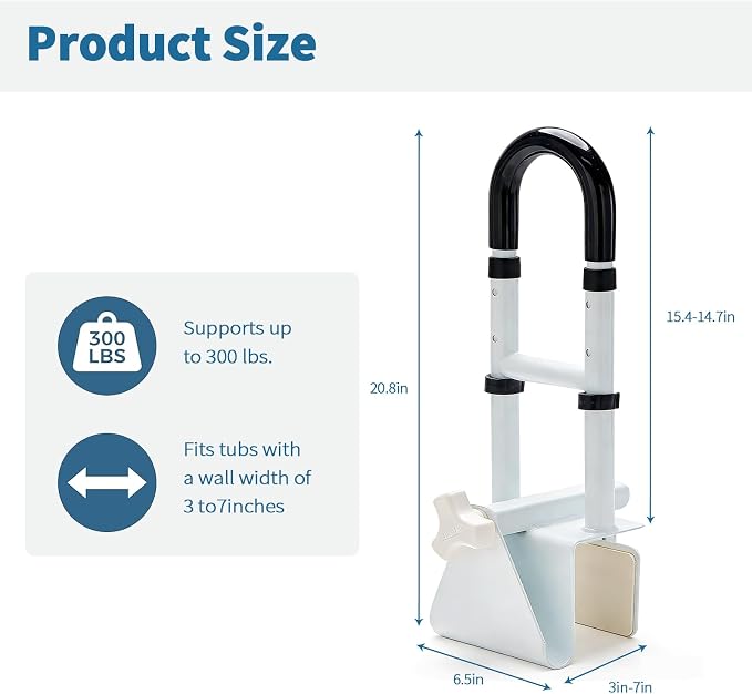 Adjustable Bathtub Handle and Grab Bar, Bathtub Safety Rail with Non-Slip Grip for Seniors, Elderly, Fits 3.1 to 6.7 Inch Tub Walls, Supports 300 lbs