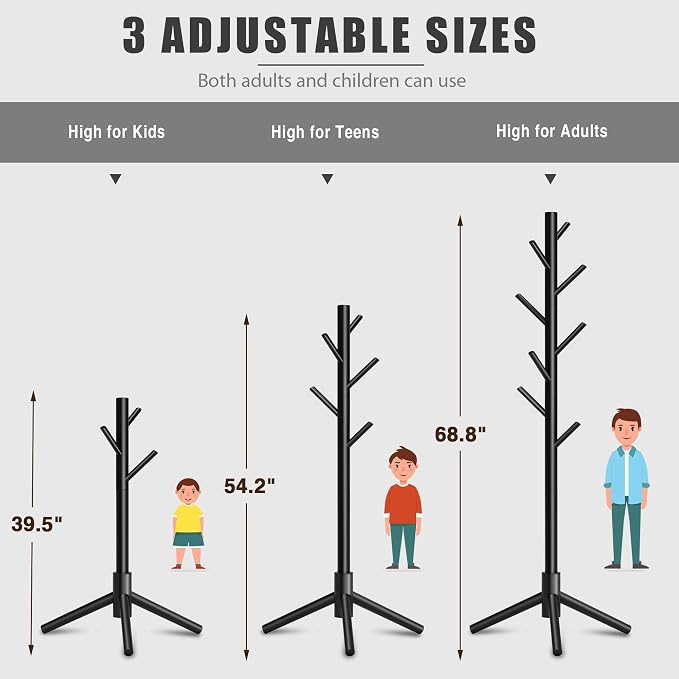 Coat Rack, Coat Racks Freestanding with 8 Hooks 3 Adjustable Heights for Clothes, Hats, Handbags, Coat Tree Easy Assembly for Entryway, Bedroom, Hallway, Office(Black 2PCS)