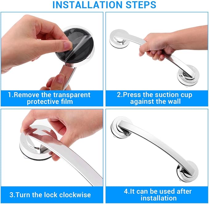 Cabilock Silver Suction Grab Bar for Shower & Bathtub – 12 Inch Chrome Finish Safety Handle, Drill-Free Balance Assist for Seniors, Elderly & Disabled, Portable Bathroom Support Grip