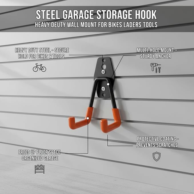 Steel Garage Wall Hook, Compact Utility Hanger for Bikes & Ladders, Space-Saving Metal Mount with Hardware (Orange, 1 Pack)