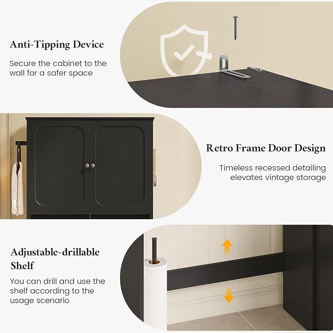 Over the Toilet Storage Cabinet with Mobile Bathroom Storage Cabinet & 3 Adjustable Shelves, Bathroom Storage Cabinet Over Toilet with 4 Section Drawers for Bathroom, Laundry Room, Black