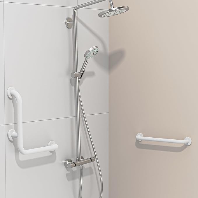 Angled Grab Bar 16x16 Inch White, L-Shaped Shower Grab Bar w/16 Inch Straight Bathtub Toilet Safety Handrail Wall Mounted, Stainless Steel Balance Support Bar for Seniors Elderly Injury Handicap