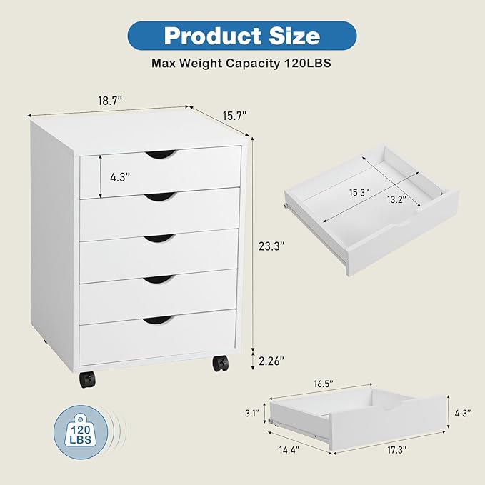 OLIXIS 5 Drawer Mobile File Cabinet Under Desk Storage Organization with Wheels Vertical Filing Chest Rolling Wood Small Desk Printer Stand for Home Office, 15.75"D x 18.74"W x 25.39"H, White