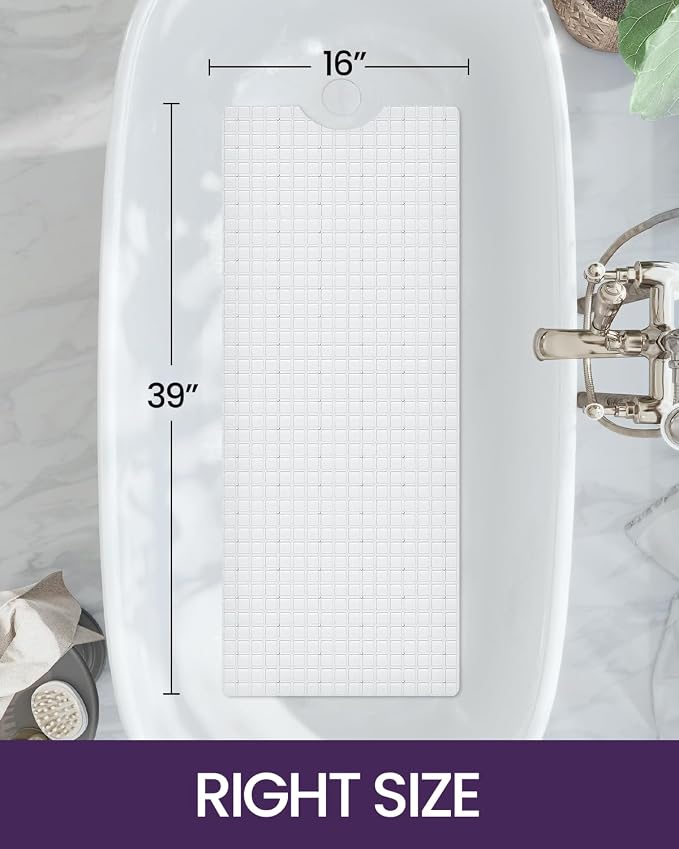 DEXI Bathtub Mat Non Slip, Extra Long 39x16, Suction Cups, Drain Holes, Machine Washable for Tub Shower Floor, White