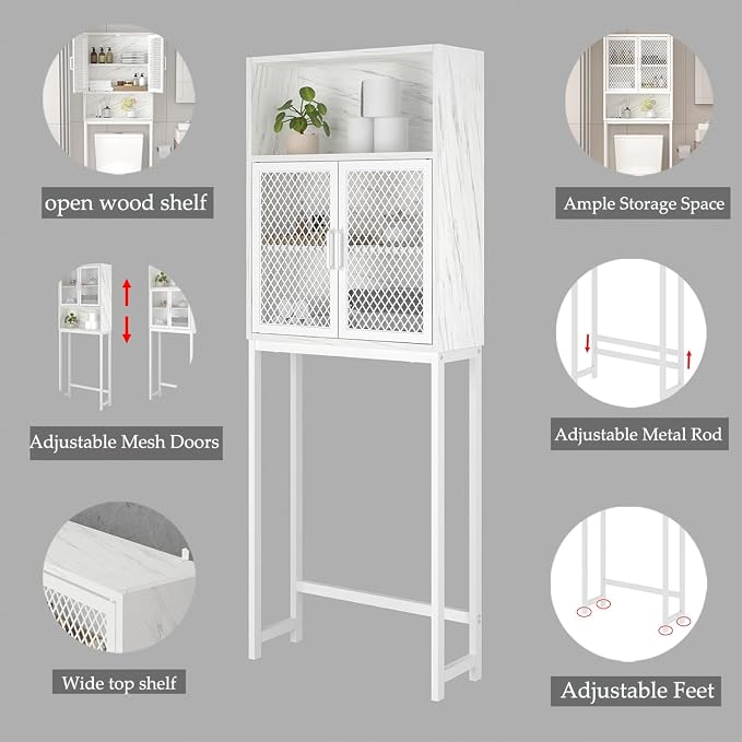 Launica Over the Toilet Storage Cabinet, Over Toilet Bathroom Organizer with Mesh Doors and Shelves, Freestanding Bathroom Storage Cabinet Above Toilet, Wood and Marble, White Marble