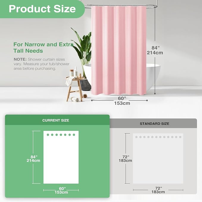 Dynamene Stall Fabric Shower Curtain - 60 x 84 inch Long Waffle Weave Weighted Thick Cloth Shower Curtains for Bathroom, Neutral Heavy Duty Hotel Spa Luxury Bath Curtain Set with 10 Hook, Pink