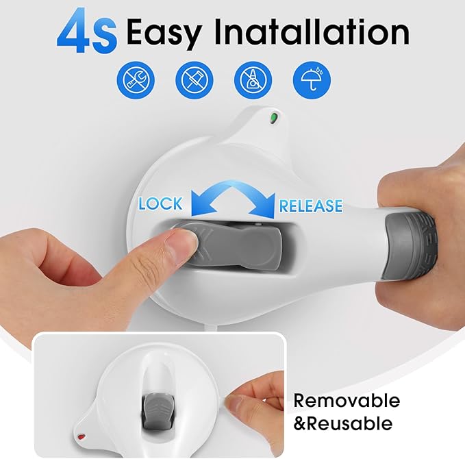 Suction Grab Bar with Safety Indicator for Bathtub Shower Bathroom, Heavy Duty Handrail Removable Reusable for Elderly Disabled and Kids, Anti-Slip Grip, No Drilling Tool Free, Waterproof Grey