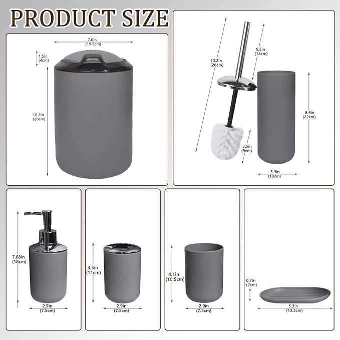 CERBIOR Bathroom Accessories Set 6 Piece Bath Ensemble Includes Soap Dispenser, Toothbrush Holder, Toothbrush Cup, Soap Dish for Decorative Countertop and Housewarming Gift (Light grey-6pcs)