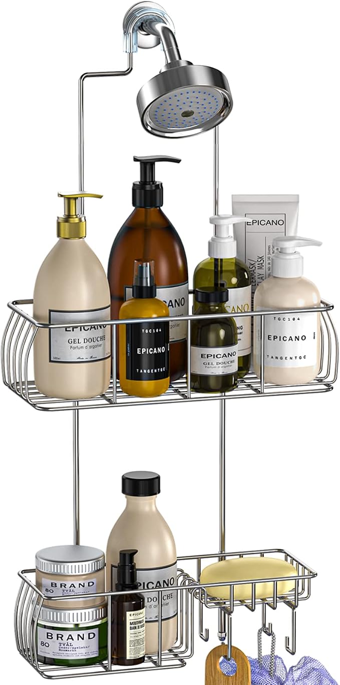 Epicano Shower Caddy Hanging Over Head, Chrome,Stainless Steel | Rustproof,4 Hooks for Towels,Sponge and & Bathroom Accessories,Anti-Swing Suction Cups & Adhesive hooks