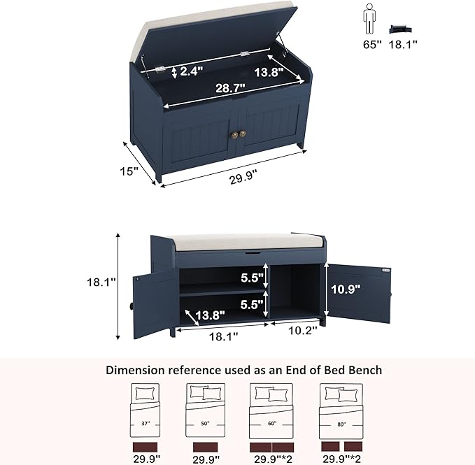 HOMEFORT 30" Shoe Bench with Lift Top Storage, Entryway Bench with Cushioned Seat, Wooden End of Bed Bench, Shoe Cabinet Bench with Hidden Storage Space, for Bedroom, Hallway, Blue